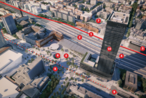 Vue aérienne du projet de transformation de la gare et du quartier Part-Dieu à Lyon