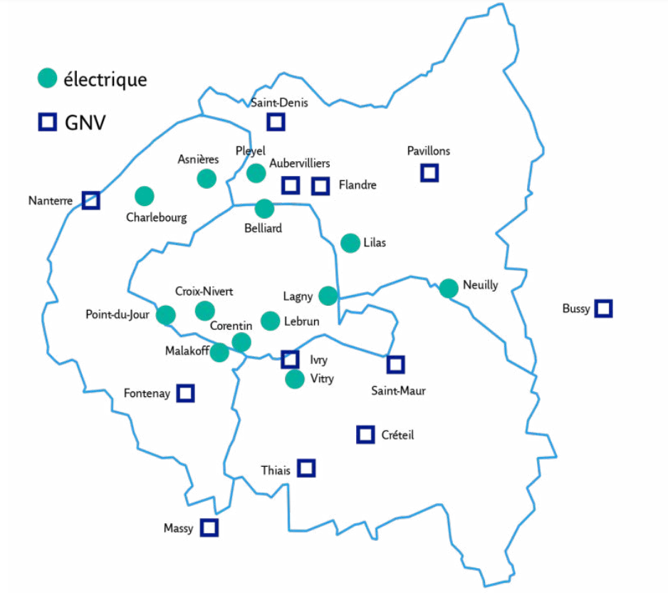 Répartition des centres bus de la zone RATP 