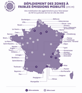 Carte représentant la répartition des ZFE-m en France